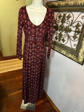 Zoe & Rose Band of Gypsies Boho Button-Front Burgundy Floral Maxi Dress Sz S 💚